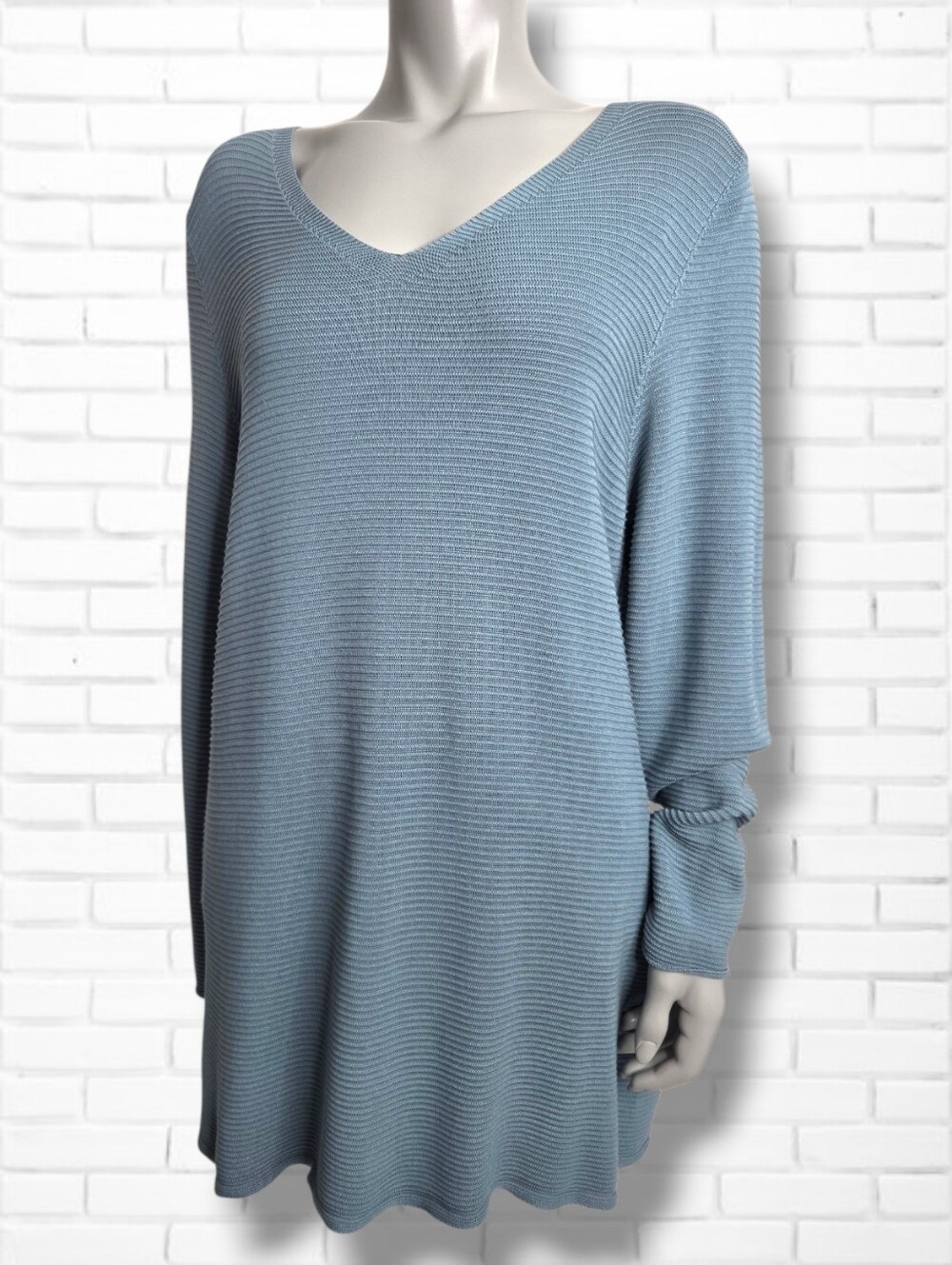 Eileen Fisher Size XL Tencel Ribbed V-Neck Tunic Sweater in Slate Blue